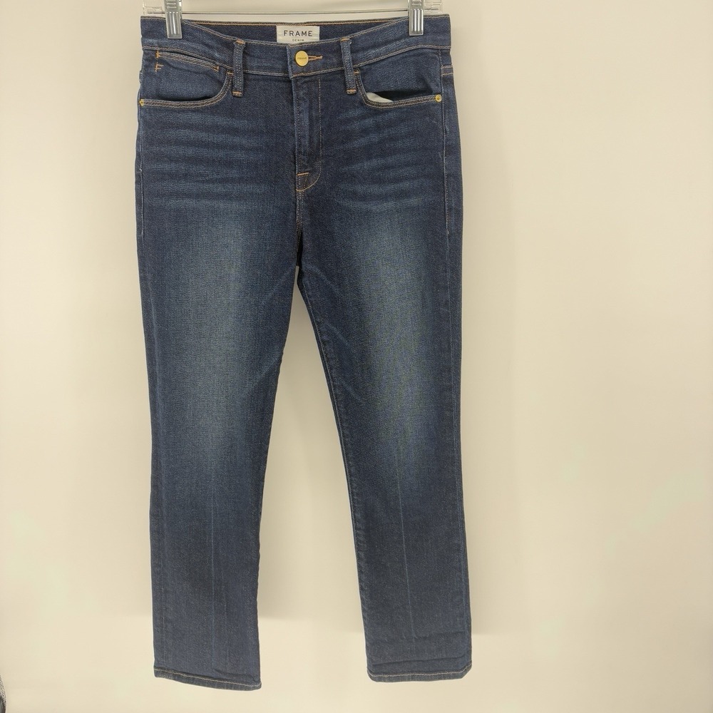 FRAME Le High Straight Jeans Women's 28X27 Woodson Dark Wash Stretch Denim USA - Picture 1 of 12